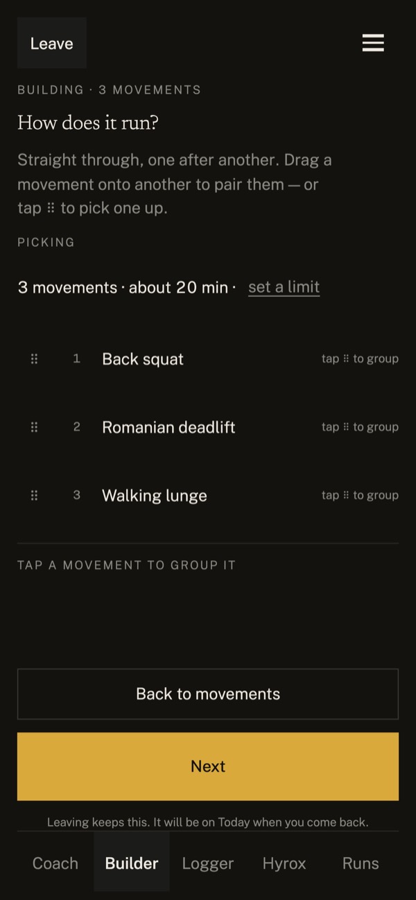 Zweck screenshot: a built session of three movements, about 20 minutes.