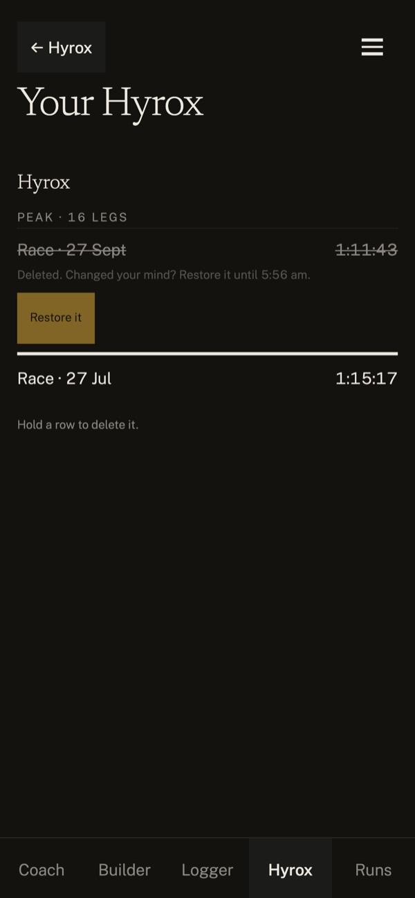 Zweck screenshot: a deleted race, struck through, with a Restore it button.