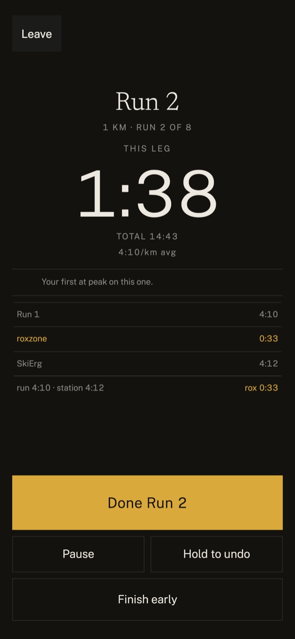 Zweck screenshot: a live race on Run 2 of 8, with the leg timer and a Done Run 2 button.