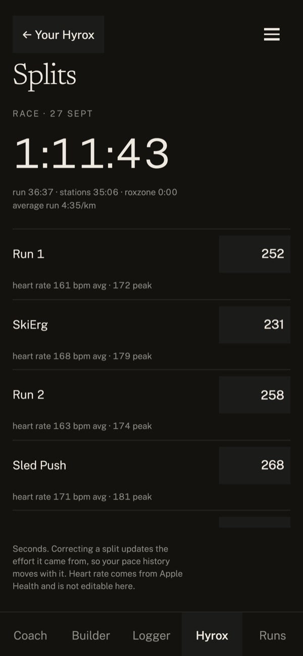 Zweck screenshot: race splits, each run and station with average and peak heart rate.