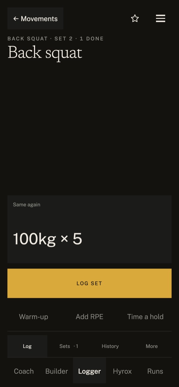 Zweck screenshot: logging back squat, set 2, offering 100 kg by 5 again.